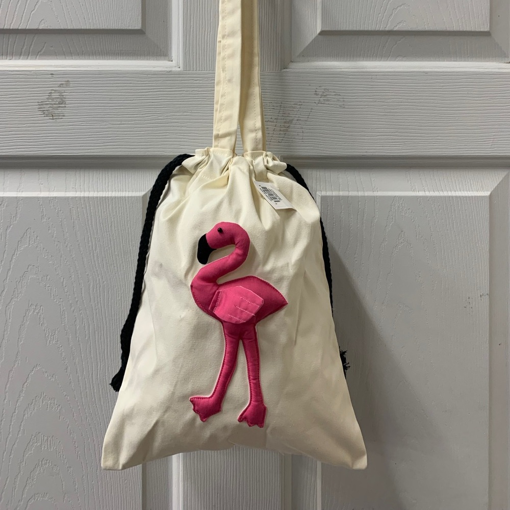 NWT Flamingo Embroidered Cream and Pink Drawstring Bag tote